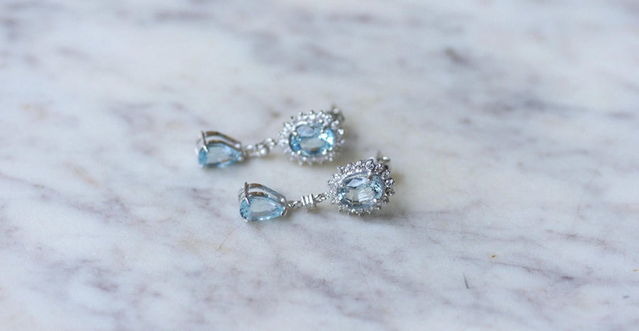 ブルートパーズとダイヤモンドのドロップピアス、ホワイトゴールド - Galerie Pénélope