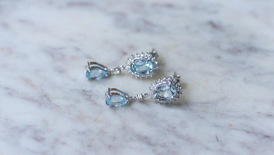 ブルートパーズとダイヤモンドのドロップピアス、ホワイトゴールド - Galerie Pénélope