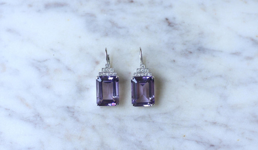 アメシストとダイヤモンドのアール・デコ調ピアス - Galerie Pénélope