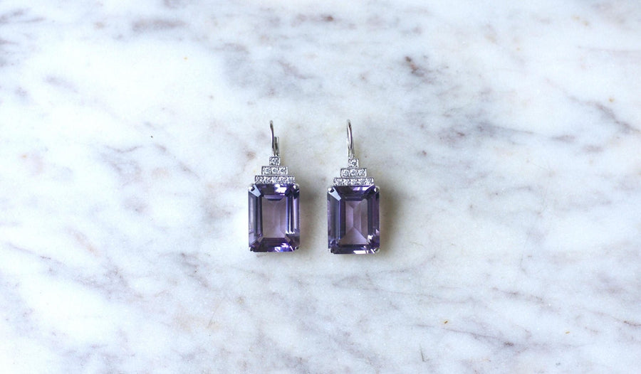 アメシストとダイヤモンドのアール・デコ調ピアス - Galerie Pénélope