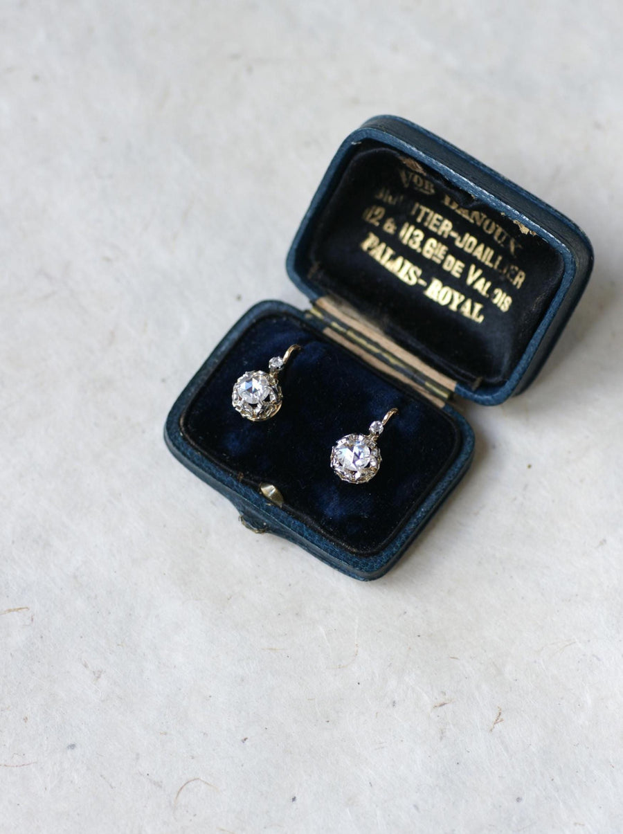 ピンクゴールドとプラチナのアンティーク・ピンク・クラウン・ダイヤモンド・イヤリング