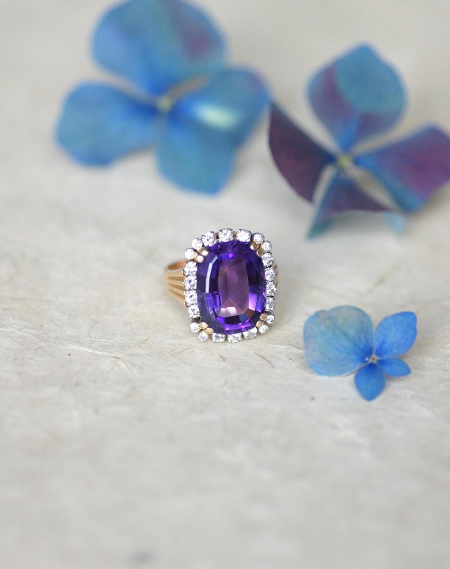 60年代 アメシストとダイヤモンドのカクテル・リング、ローズゴールドとプラチナ