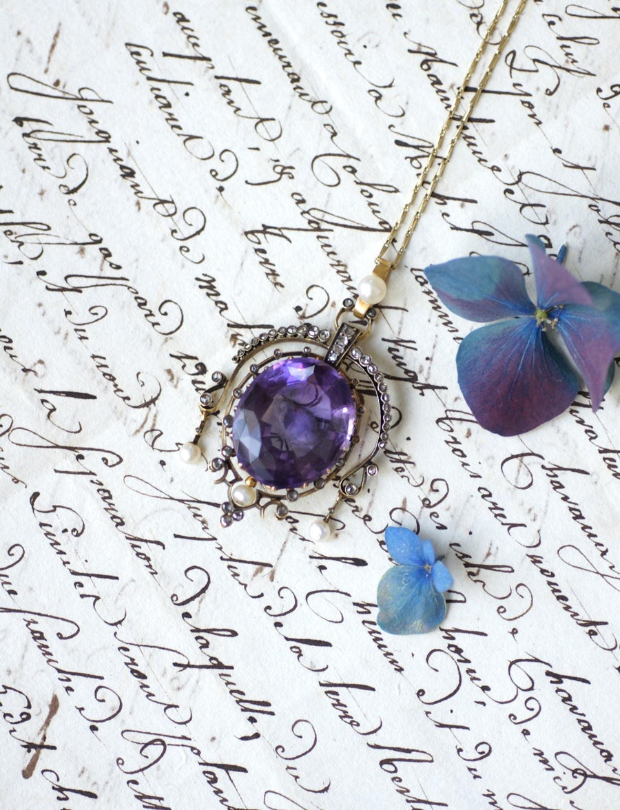 アンティーク・アメジスト・ダイヤモンドと真珠のローズゴールド＆シルバー・ペンダント