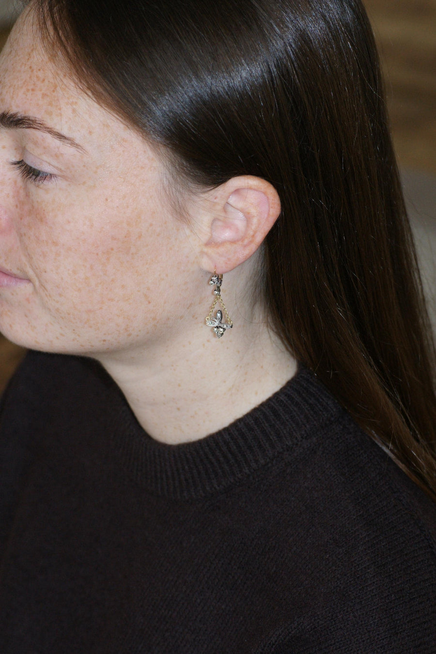 アンティーク・クローバー＆フラワー・ダイヤモンド・ピアス（ゴールド＆シルバー