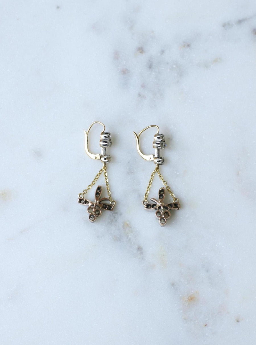 アンティーク・クローバー＆フラワー・ダイヤモンド・ピアス（ゴールド＆シルバー