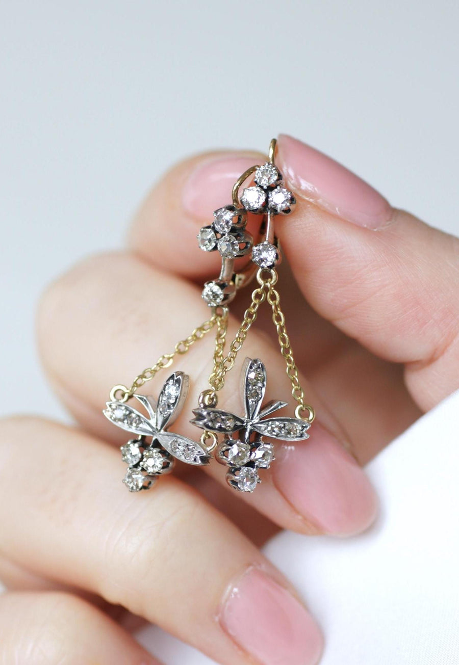 アンティーク・クローバー＆フラワー・ダイヤモンド・ピアス（ゴールド＆シルバー