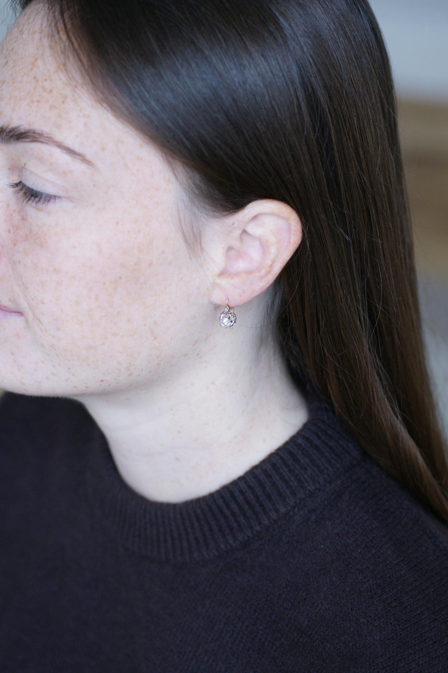 ピンクゴールドとプラチナのアンティーク・ピンク・クラウン・ダイヤモンド・イヤリング