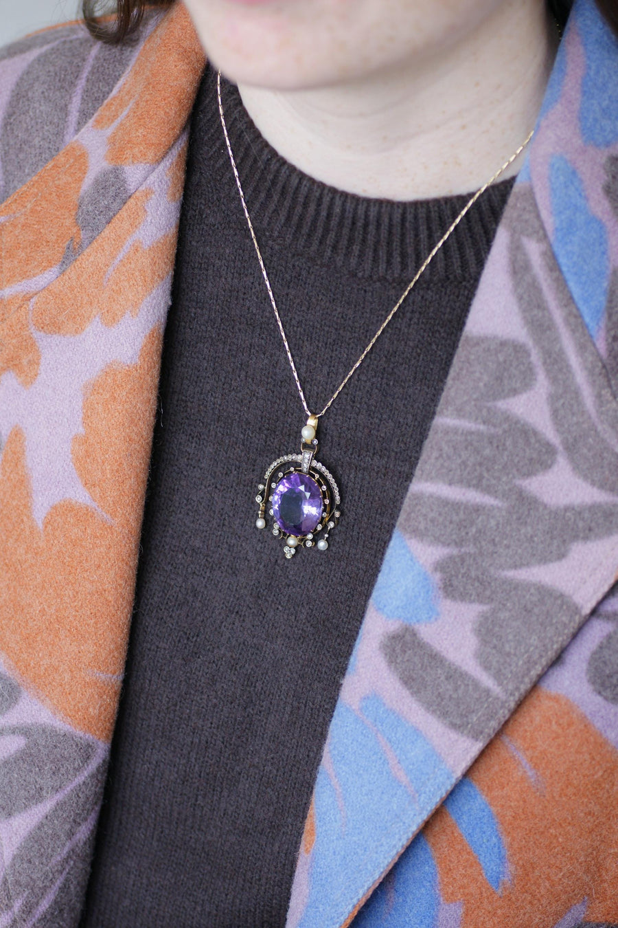 アンティーク・アメジスト・ダイヤモンドと真珠のローズゴールド＆シルバー・ペンダント