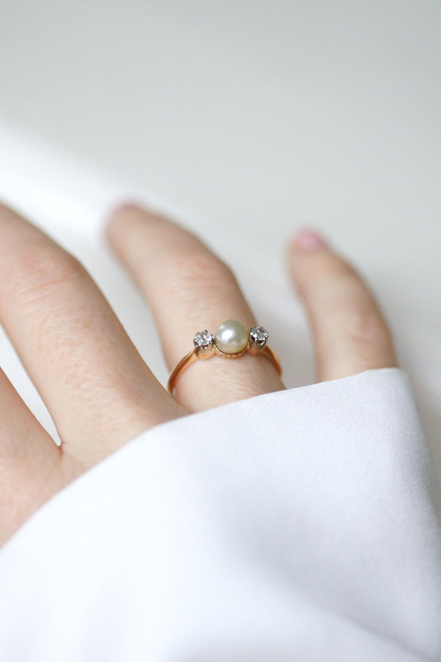 アンティーク・パールとダイヤモンドのリング、ゴールドとプラチナ