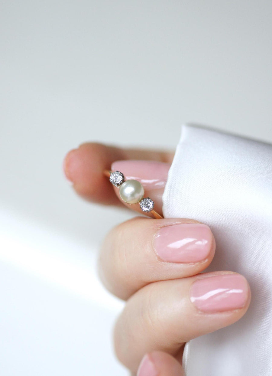 アンティーク・パールとダイヤモンドのリング、ゴールドとプラチナ