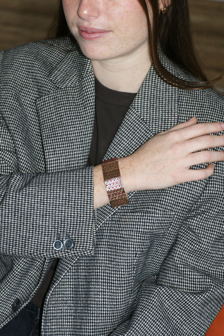 アールデコ ルビー ピンクゴールド＆シルバー リボン ブレスレット