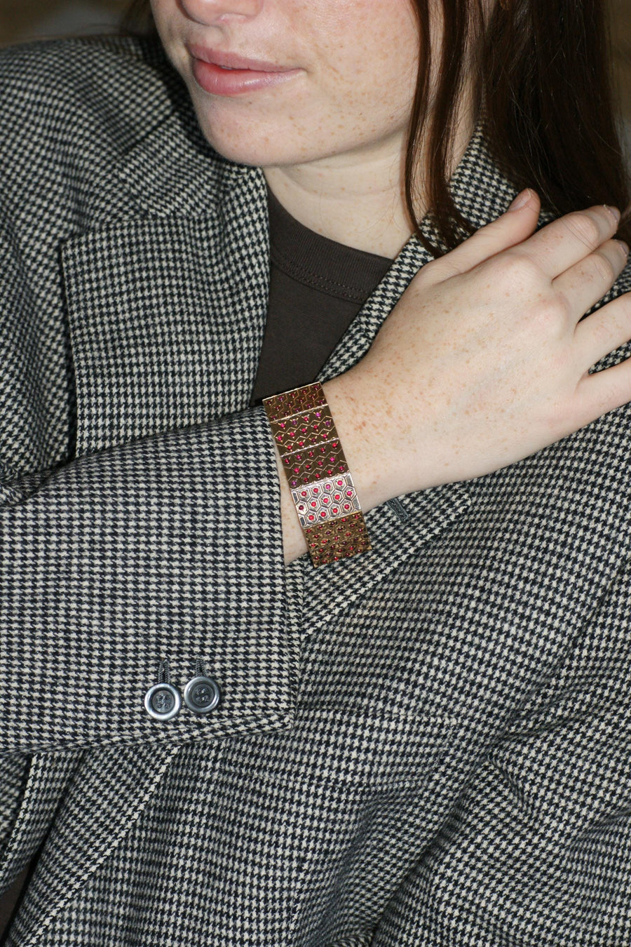 アールデコ ルビー ピンクゴールド＆シルバー リボン ブレスレット