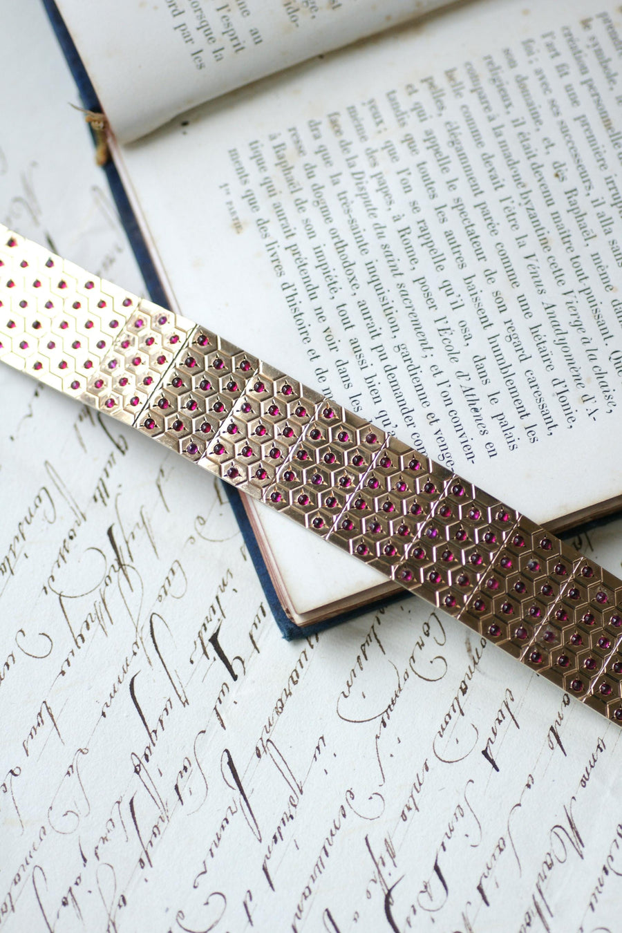 アールデコ ルビー ピンクゴールド＆シルバー リボン ブレスレット