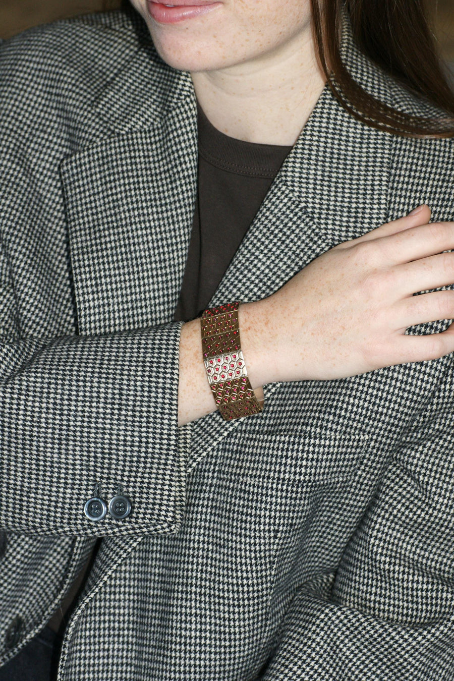 アールデコ ルビー ピンクゴールド＆シルバー リボン ブレスレット