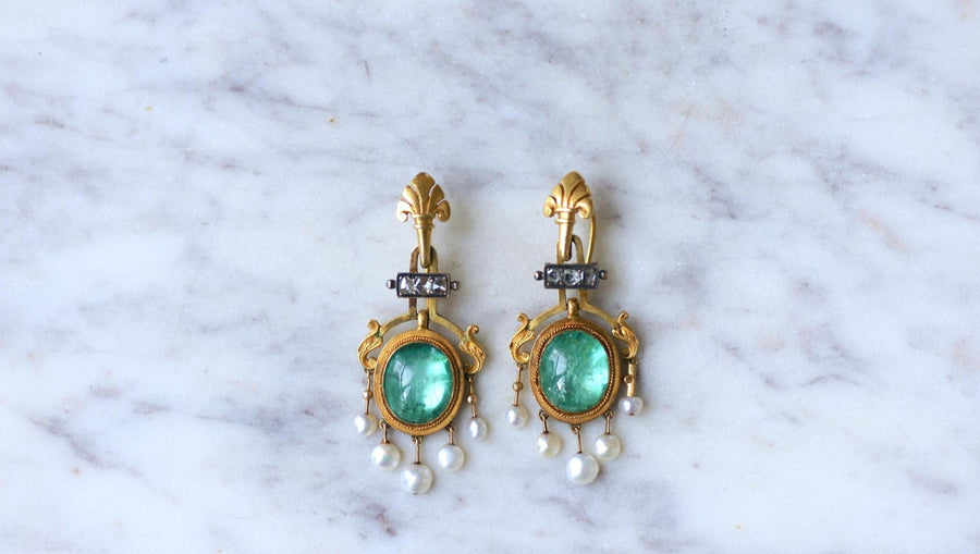 エメラルド、真珠、ダイヤモンド ピアス - Galerie Pénélope