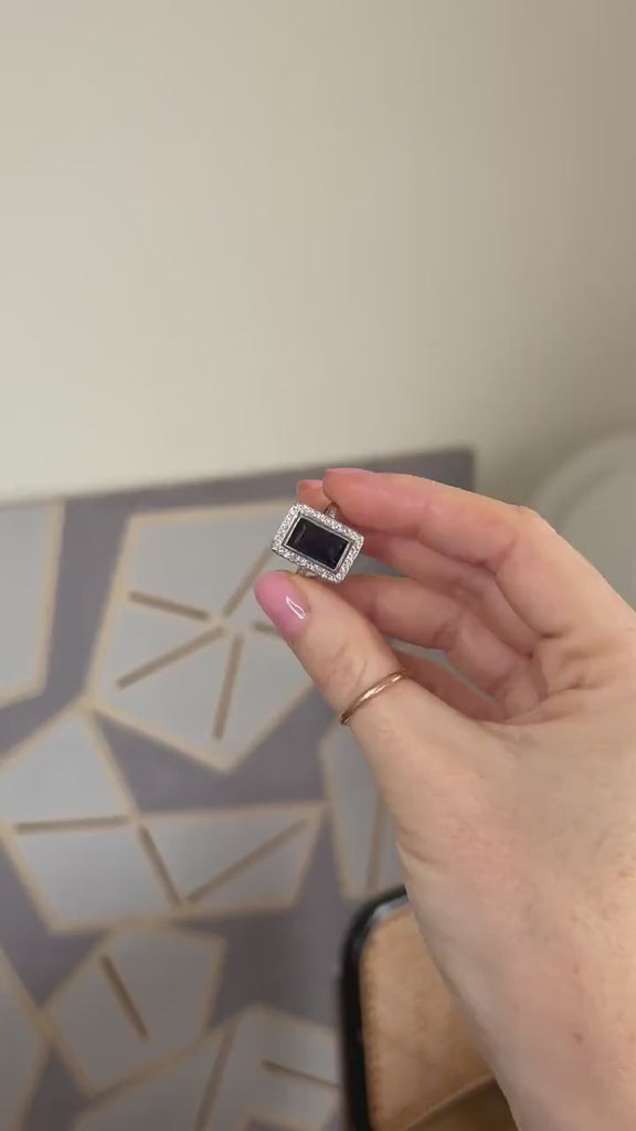 アールデコ調レクタングルリング サファイア 4.40カラット ダイヤモンドセット イエローゴールド プラチナ