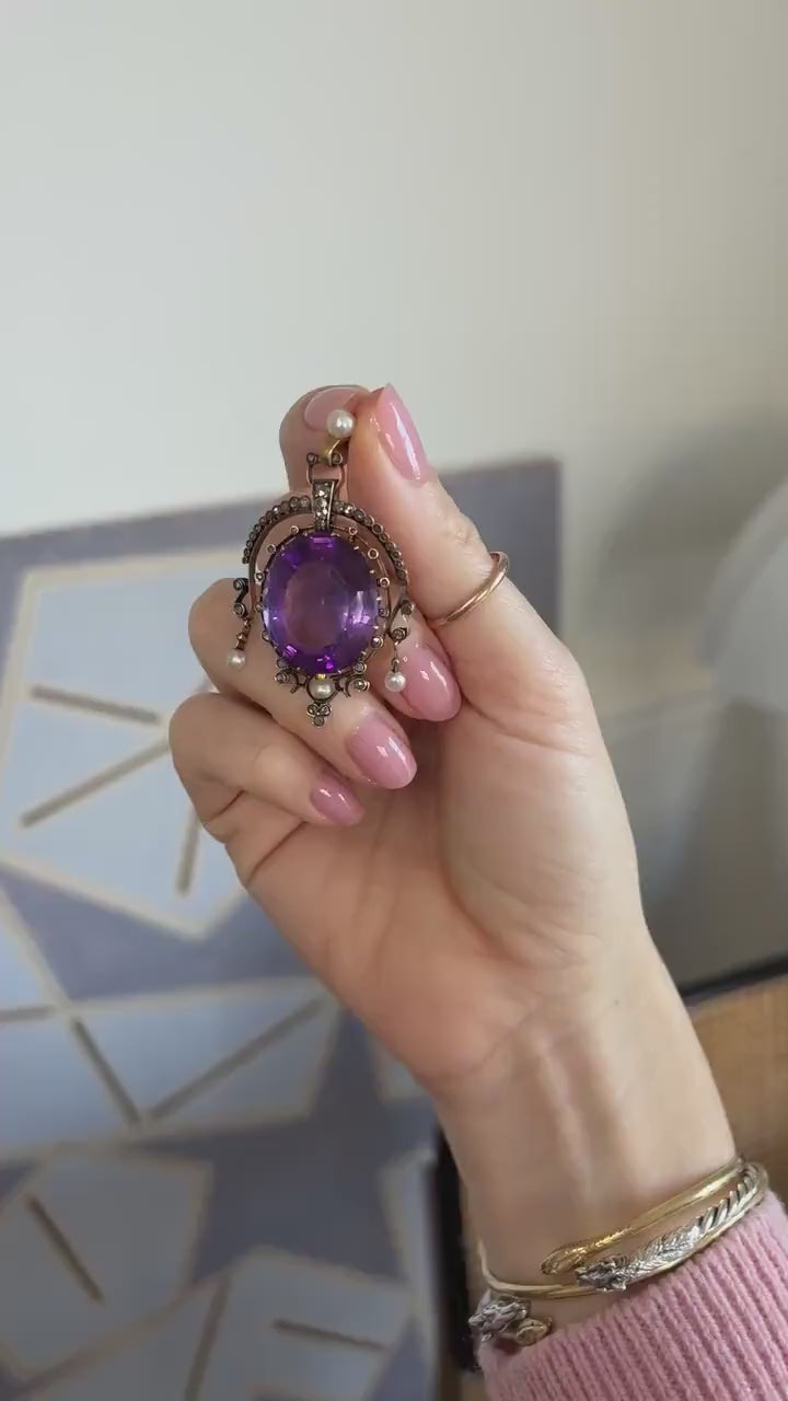 アンティーク・アメジスト・ダイヤモンドと真珠のローズゴールド＆シルバー・ペンダント