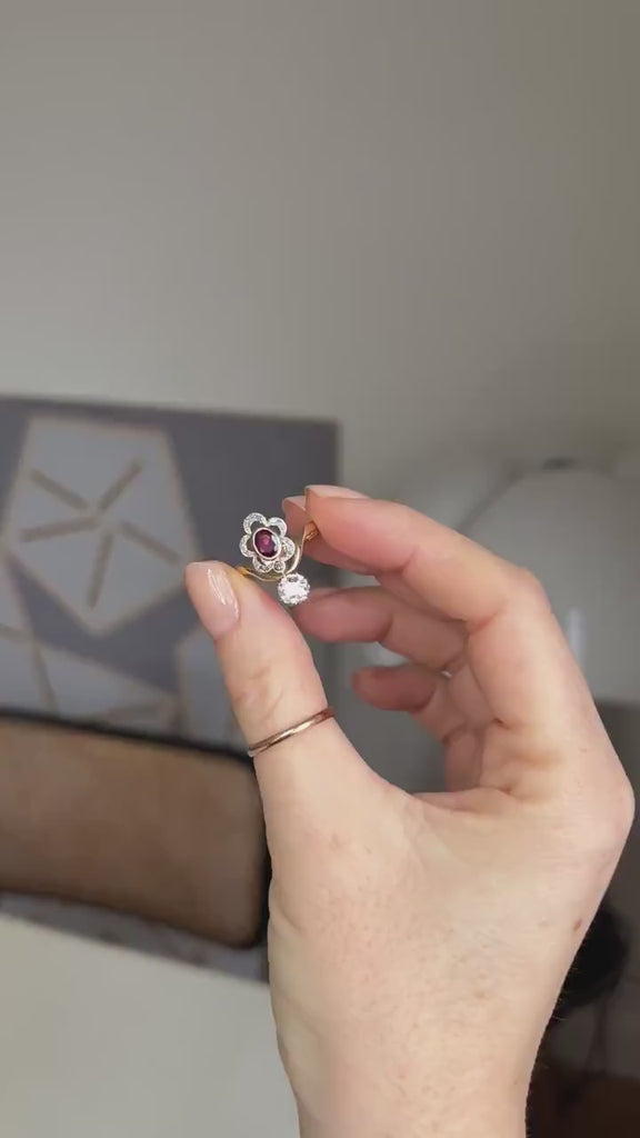 ベル・エポック風ルビーとダイヤモンドのドゥシェスリング、イエローゴールドとプラチナ製