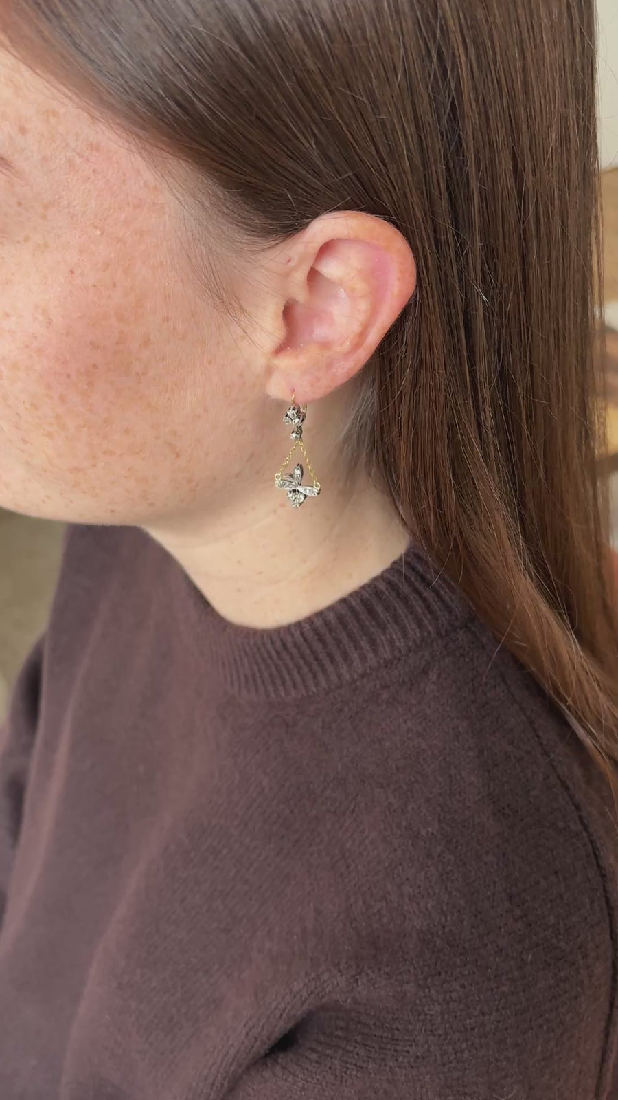 アンティーク トレフォイル＆フラワー ダイヤモンド スリーパー イヤリング