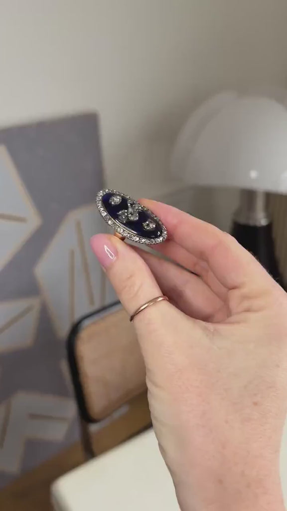 18世紀シャトルリング　ダイヤモンド、ブルーエナメル、ゴールド、シルバー