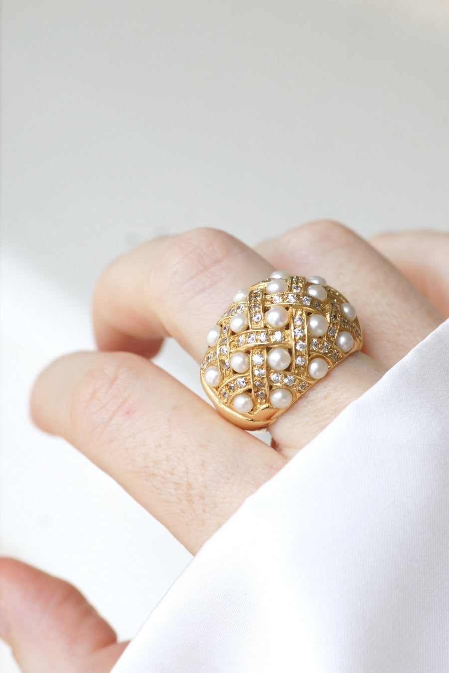 真珠とダイヤモンドのクロスリングリング - Galerie Pénélope