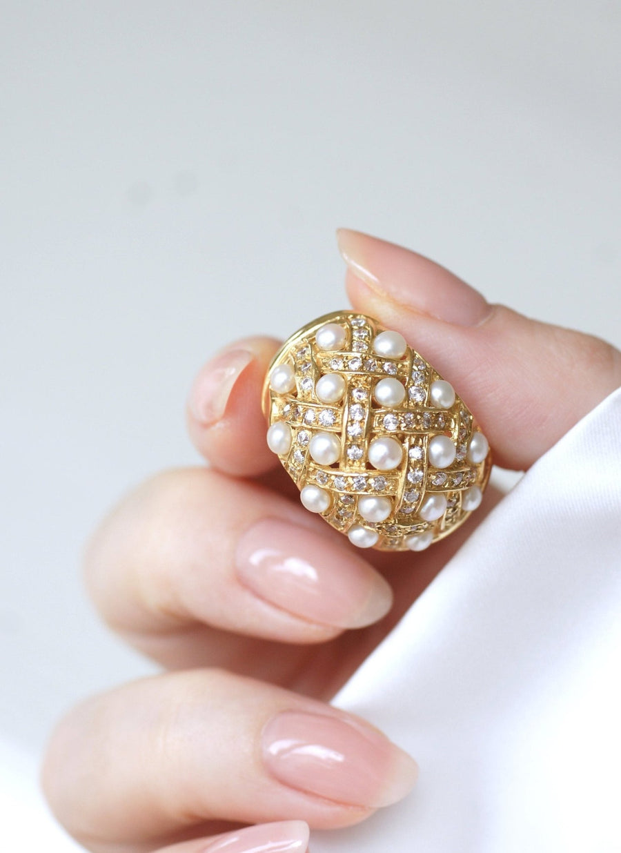 真珠とダイヤモンドのクロスリングリング - Galerie Pénélope