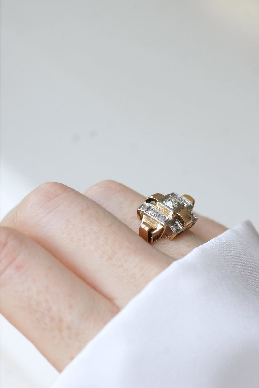 アールデコ タンク リング、ローズゴールド、プラチナ、ダイヤモンド - Galerie Pénélope