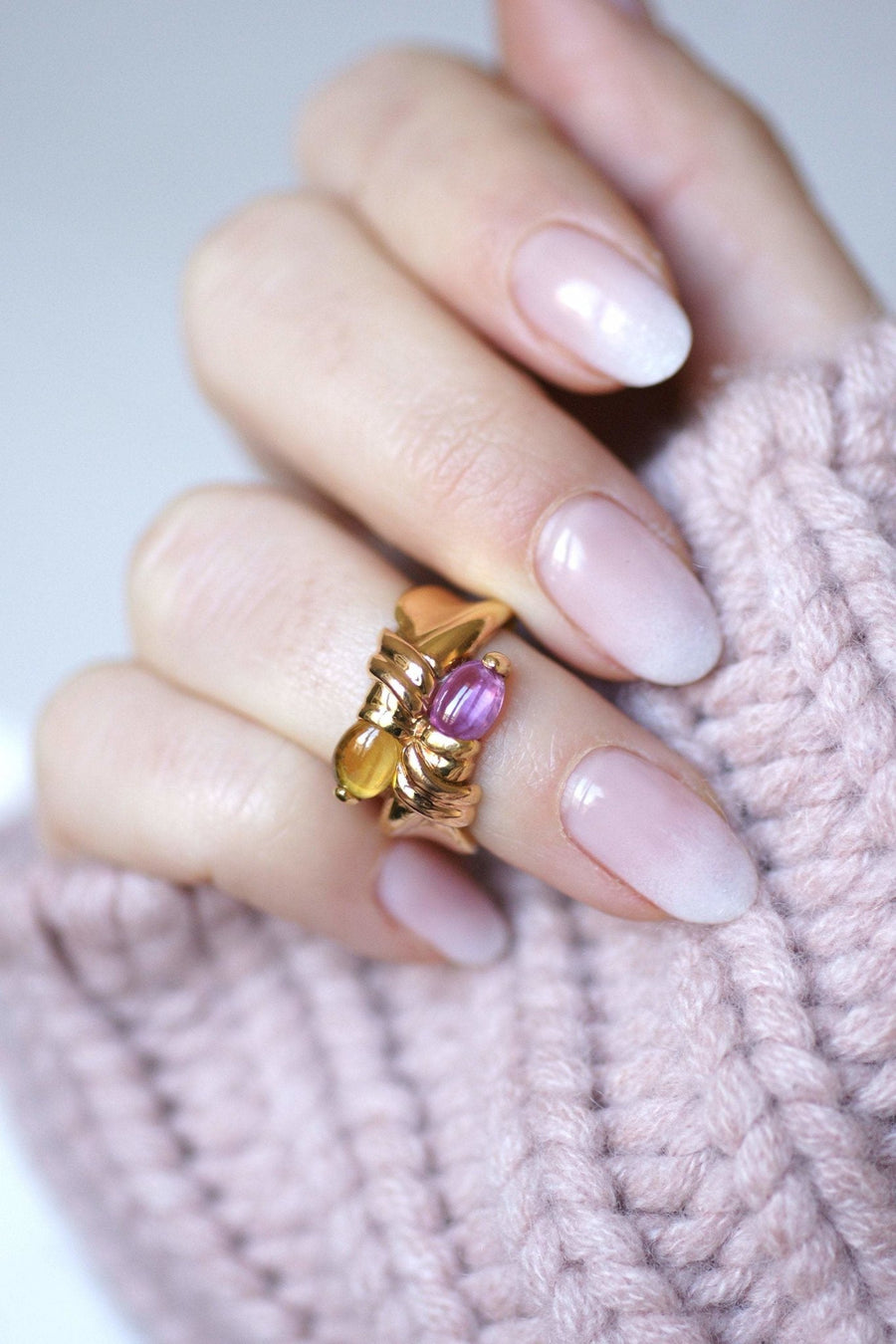 Vintage Toi et Moi ring, ピンクトルマリンとシトリン, イエローゴールド - Galerie Pénélope