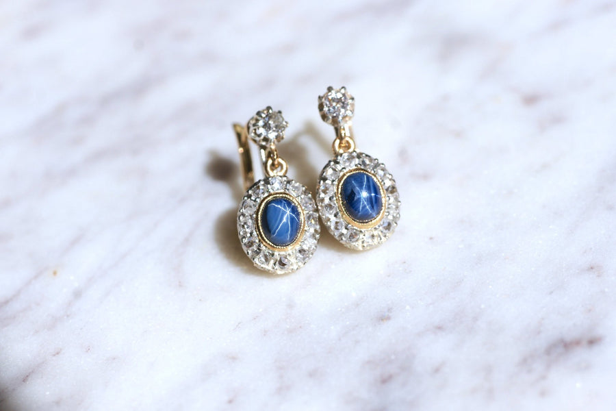 アンティークゴールド、プラチナ、ダイヤモンド、スターサファイアのスリーパーピアス - Galerie Pénélope