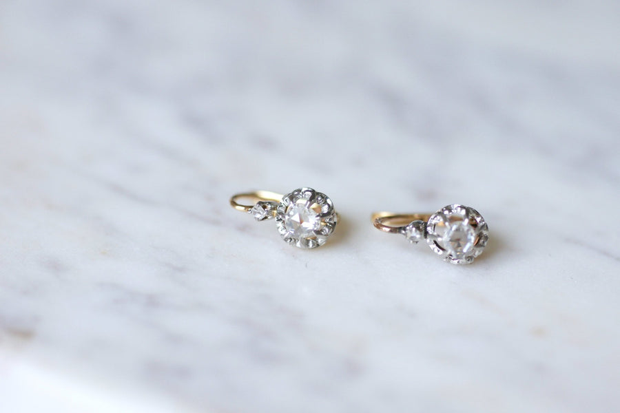アンティークゴールド、プラチナ、ダイヤモンドのスリーパーピアス - Galerie Pénélope