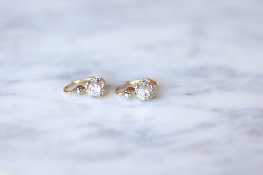アンティークゴールド、プラチナ、ダイヤモンドのスリーパーピアス - Galerie Pénélope