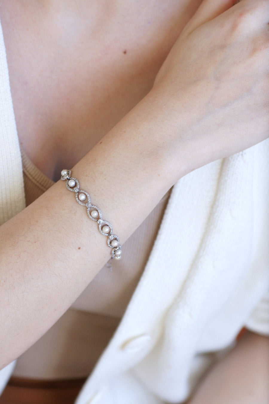 アールデコ調プラチナ、ダイヤモンド、パールブレスレット - Galerie Pénélope