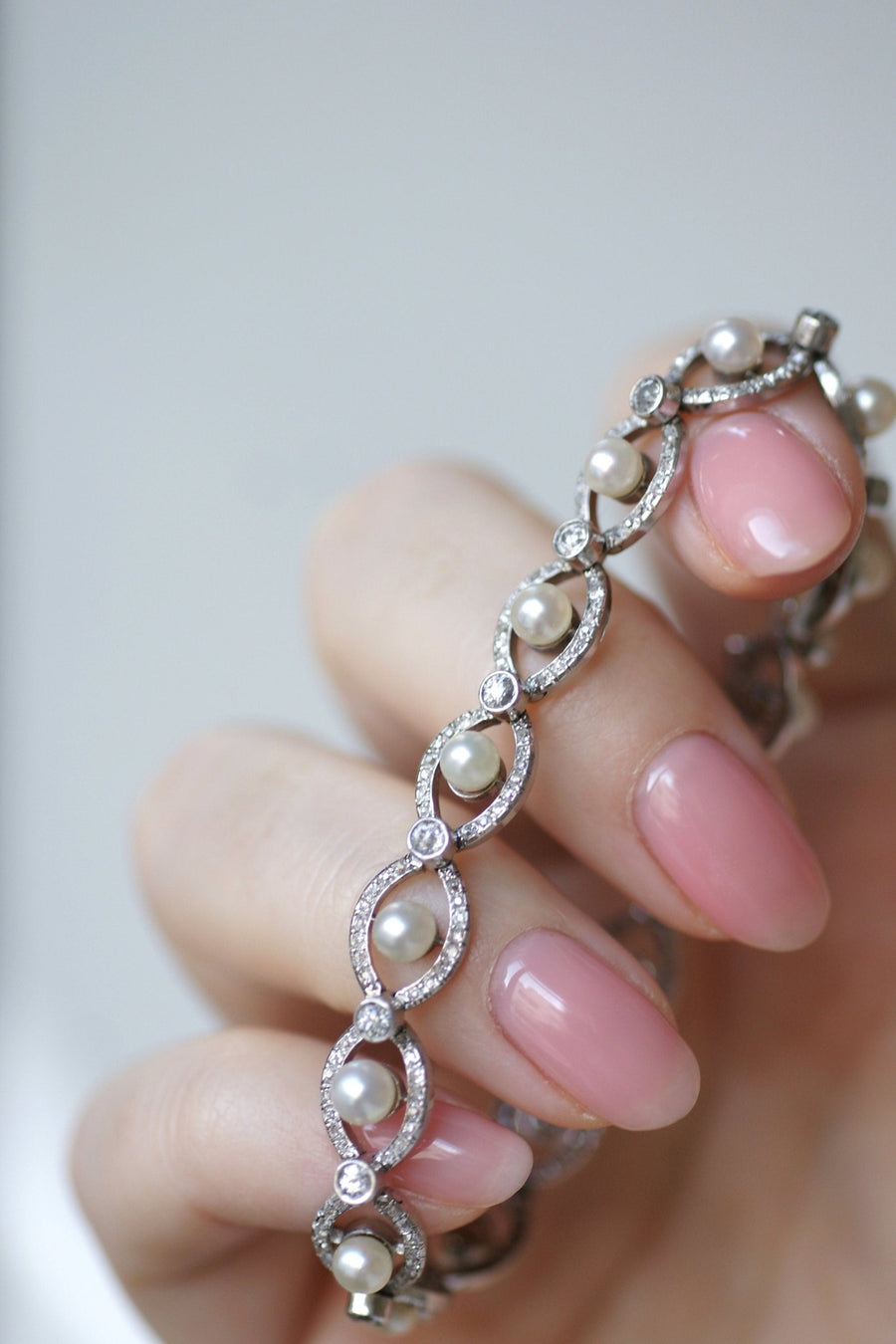 アールデコ調プラチナ、ダイヤモンド、パールブレスレット - Galerie Pénélope