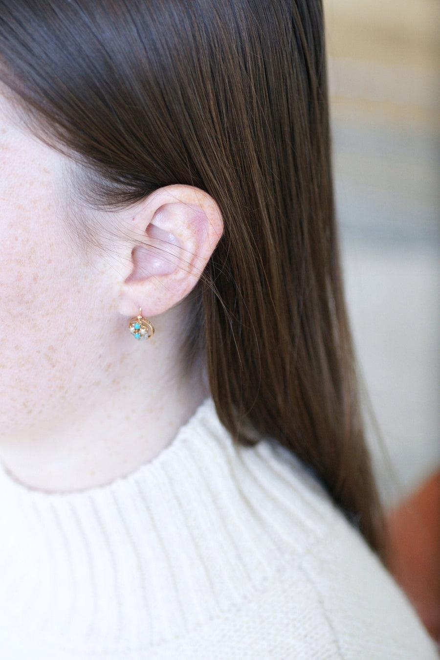 ローズゴールド、パール、ターコイズ、ダイヤモンドのスリーパー - Galerie Pénélope