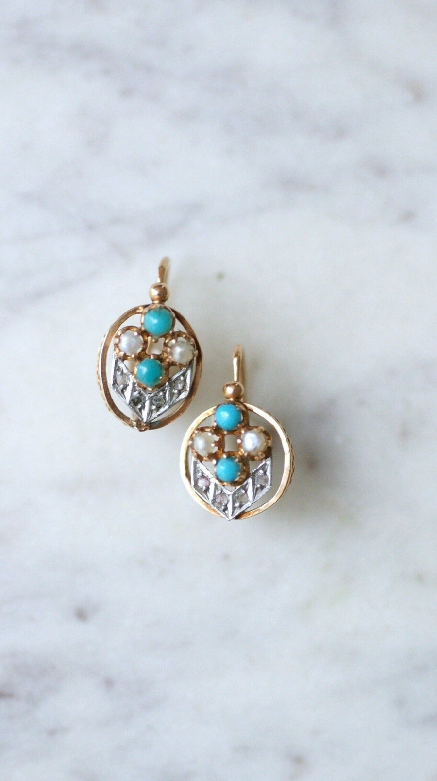 ローズゴールド、パール、ターコイズ、ダイヤモンドのスリーパー - Galerie Pénélope