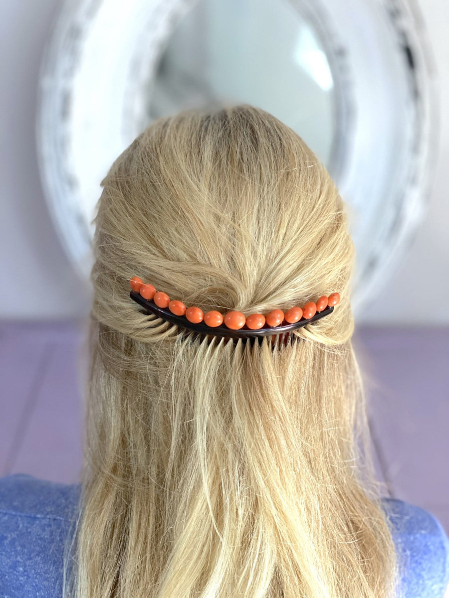 アンティークの亀甲と珊瑚のウェディングティアラのヘアコーム - Penelope Gallery