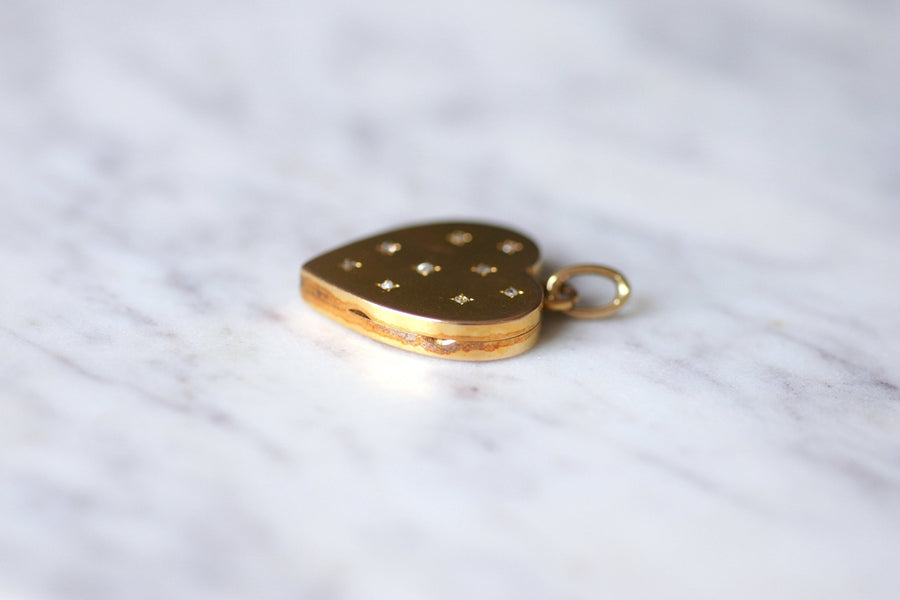アンティークゴールドとローズカットダイヤモンドのハートオープニングメダイヨンペンダント - Galerie Pénélope
